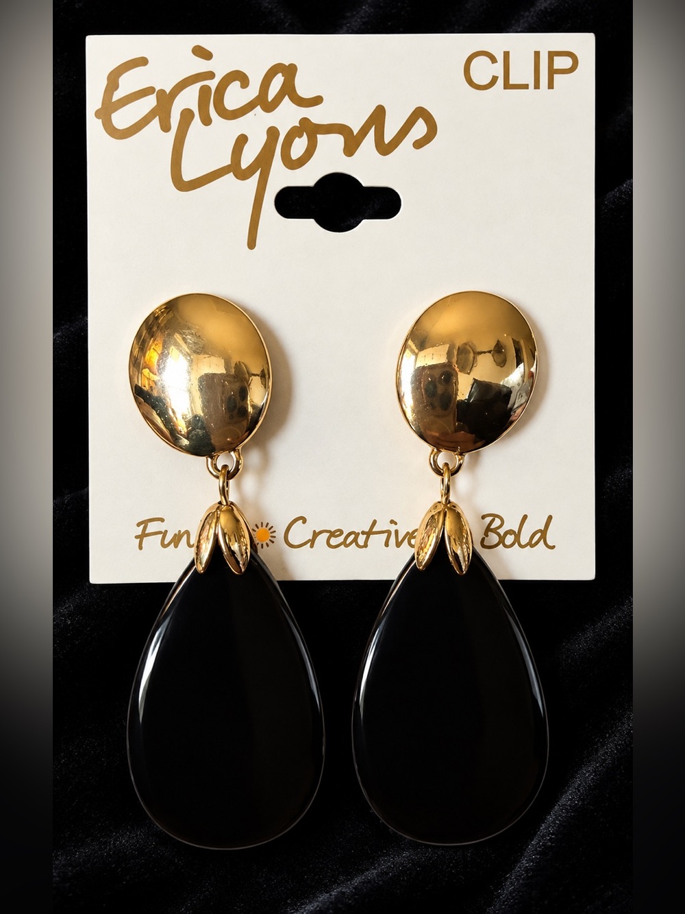 Erica Lyons Gold Clip On Earrings with Black Acrylic Teardrops